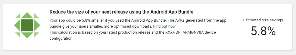 Google warning indicating the app could be 5.8% smaller if we switch from Application Package files to App bundle files